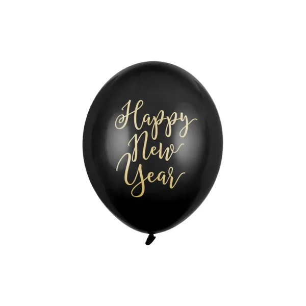 PartyDeco Luftballons Happy New Year Schwarz 30cm, 6 Stück