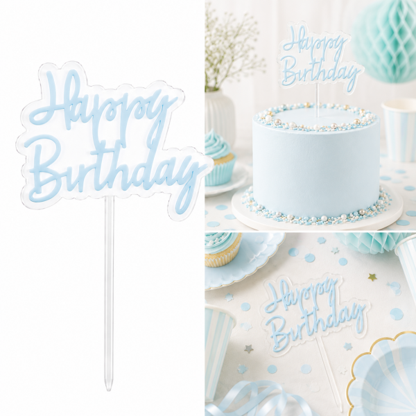 Cake Topper Happy Birthday Hellblau – Transparentes Acryl