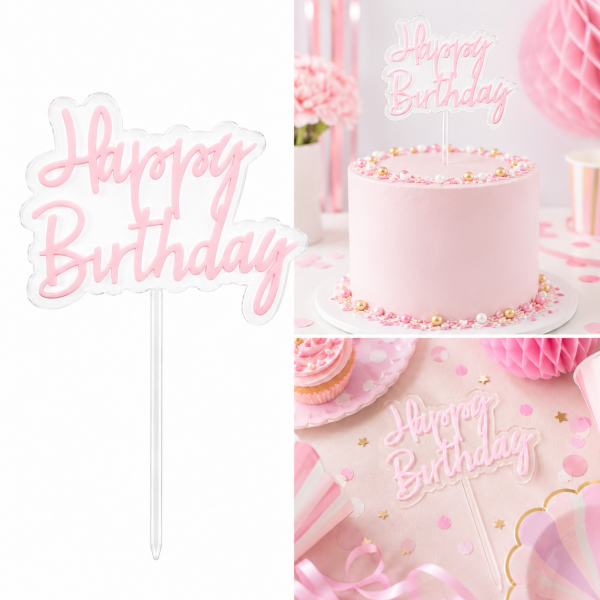 Cake Topper Happy Birthday Rosa – Transparentes Acryl